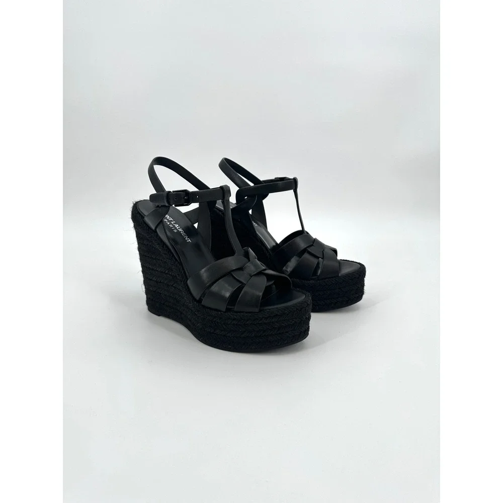Saint Laurent Tribute Black Leather Espadrille Wedge Sandals Size 37